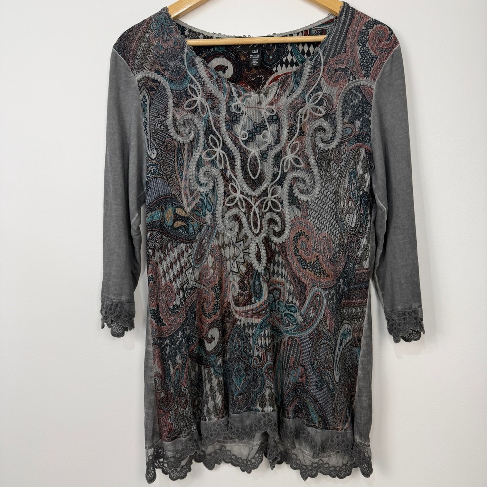 Gretty‎ Zueger Paisley Embroidered Top Womens Medium Gray Lace Trim Boho Artsy